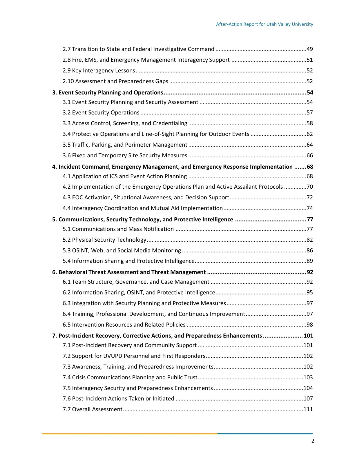 Page 2 of the After-Action Report for Utah Valley University