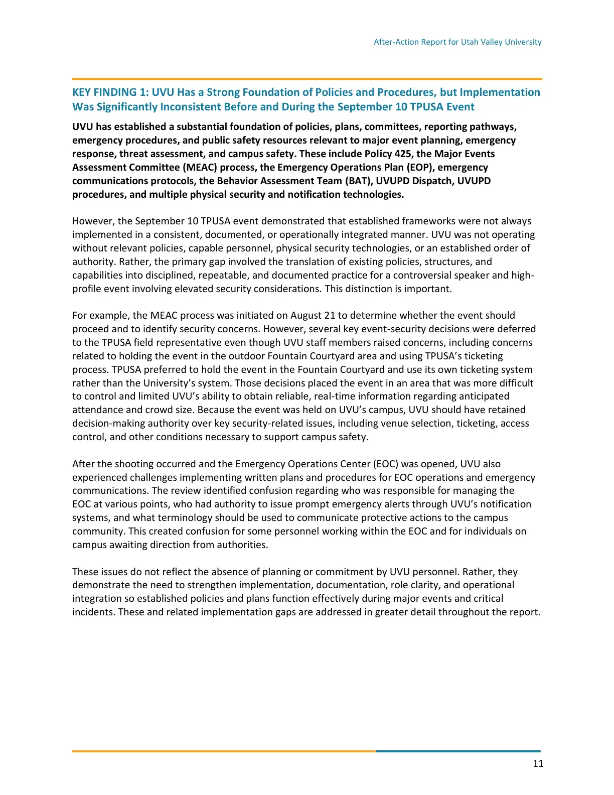 Page 11 of the After-Action Report for Utah Valley University