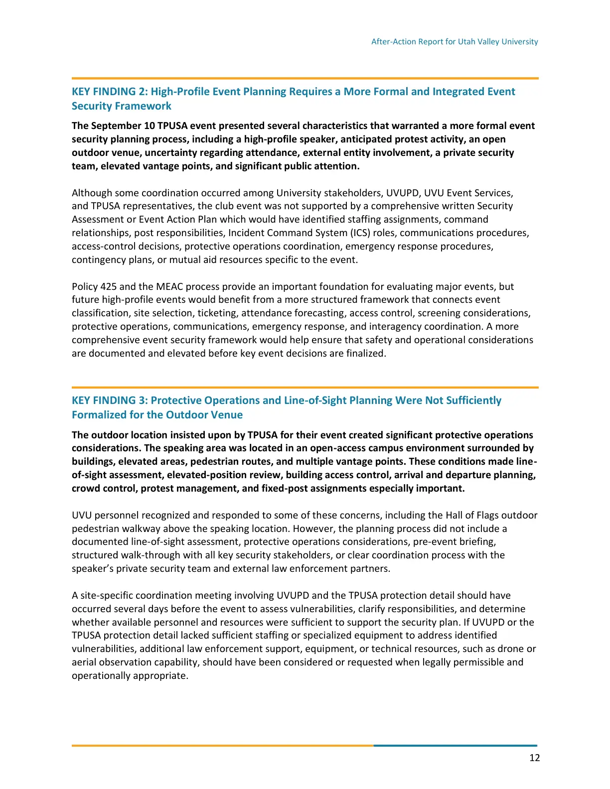 Page 12 of the After-Action Report for Utah Valley University