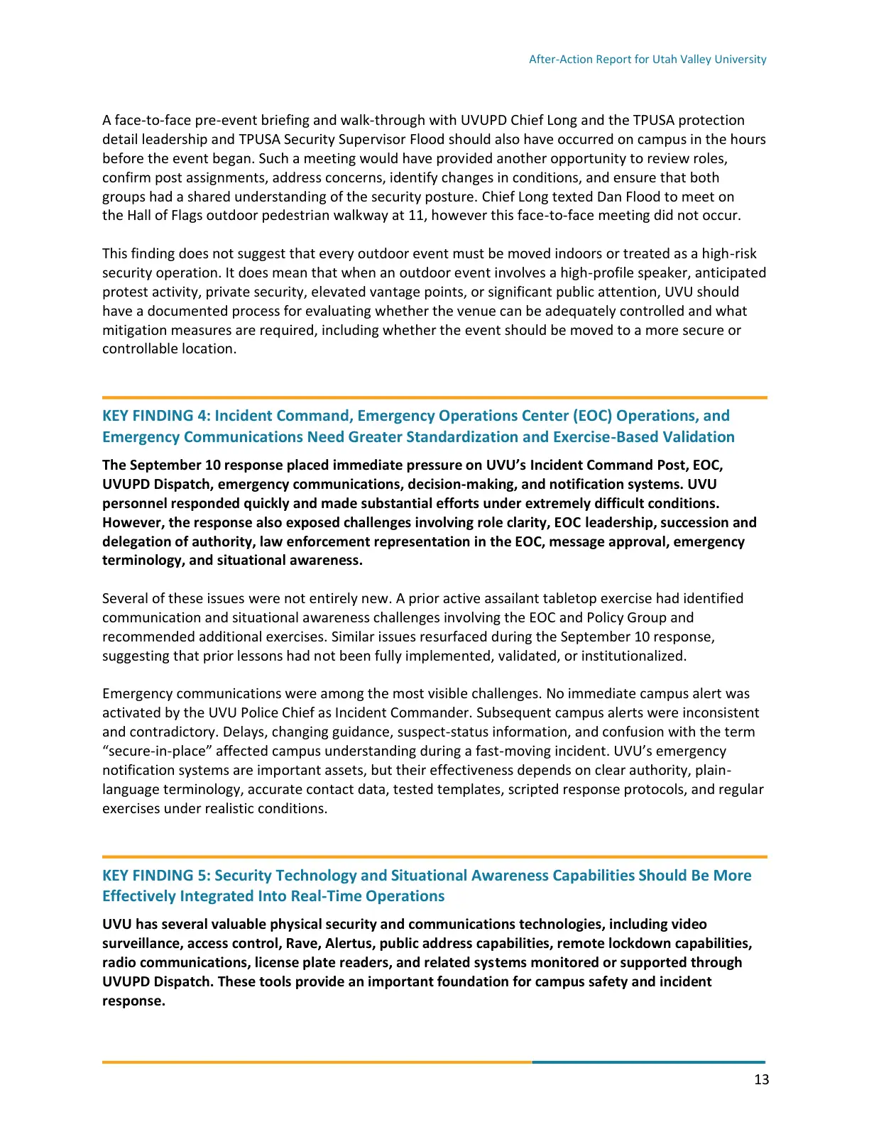 Page 13 of the After-Action Report for Utah Valley University