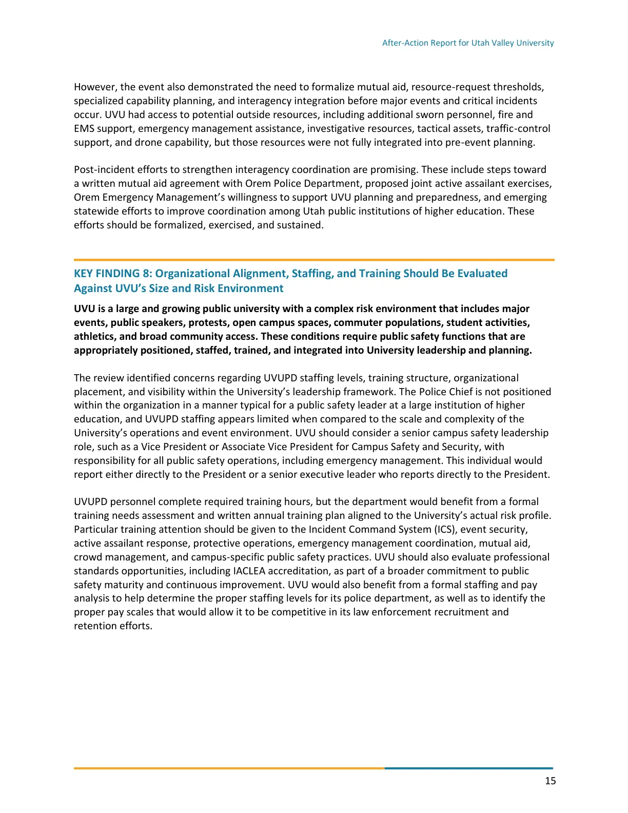 Page 15 of the After-Action Report for Utah Valley University