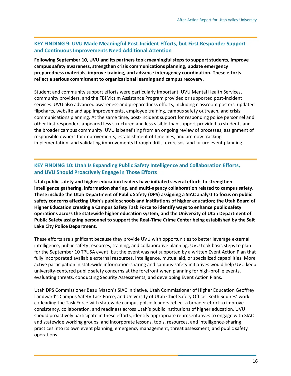 Page 16 of the After-Action Report for Utah Valley University