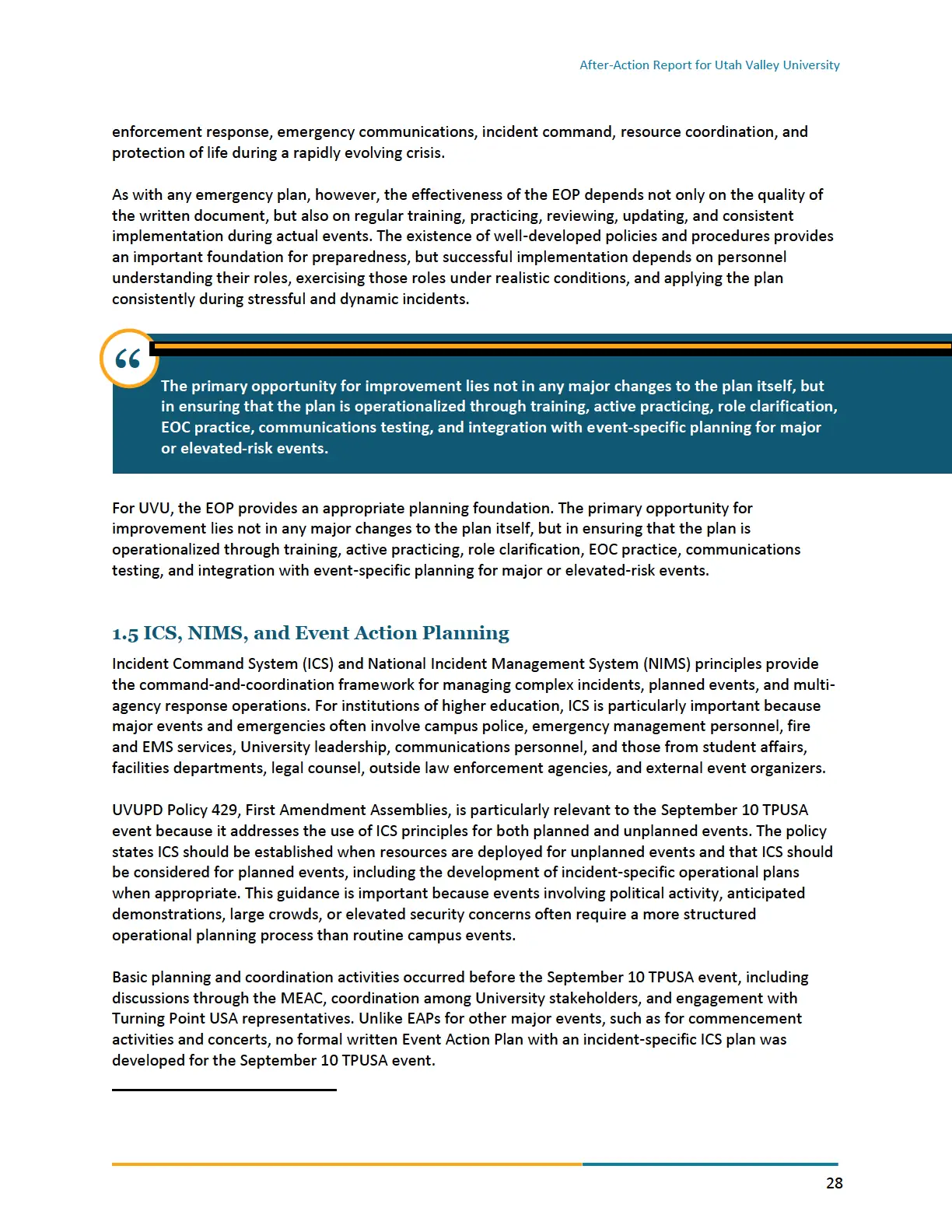 Page 28 of the After-Action Report for Utah Valley University