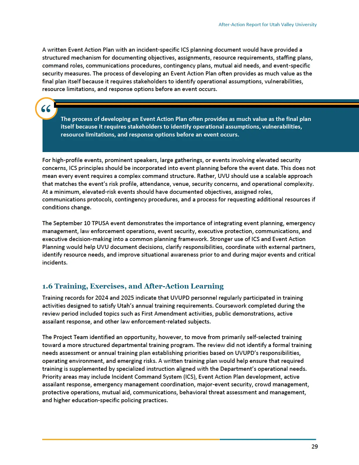 Page 29 of the After-Action Report for Utah Valley University