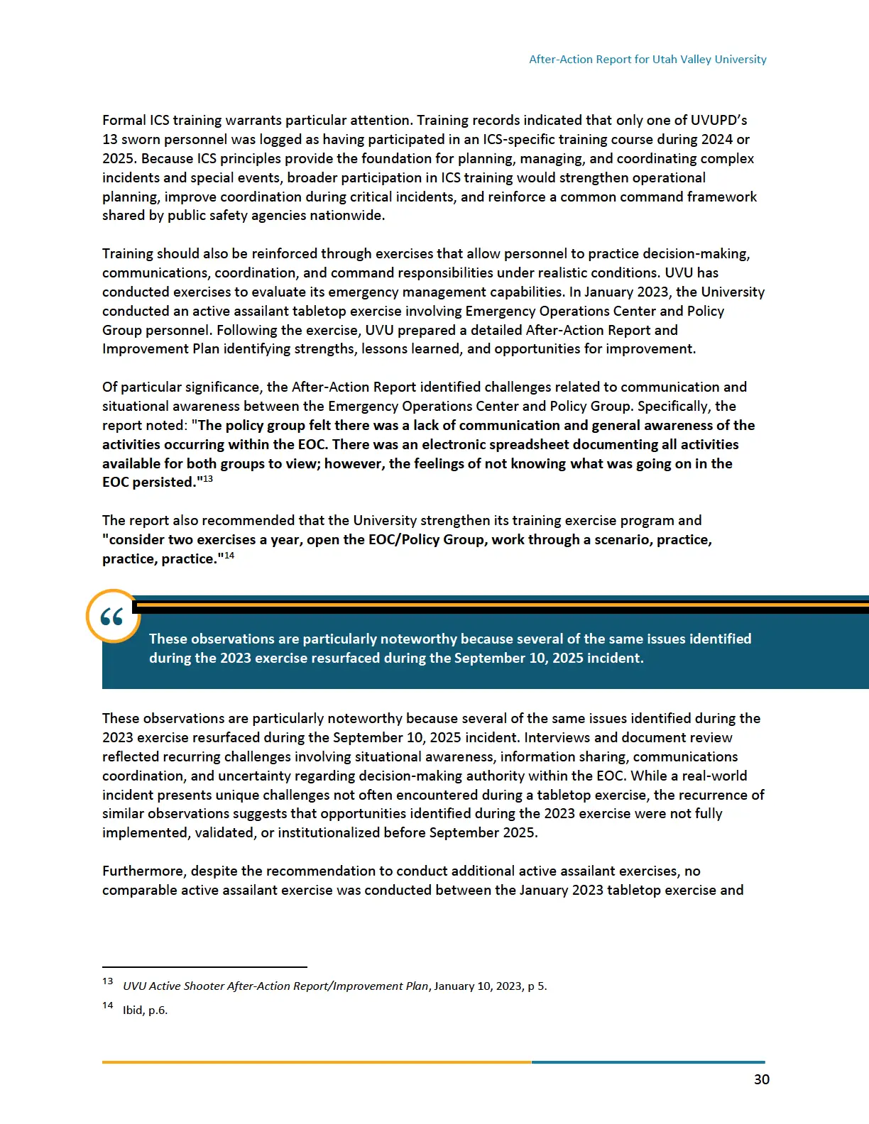 Page 30 of the After-Action Report for Utah Valley University