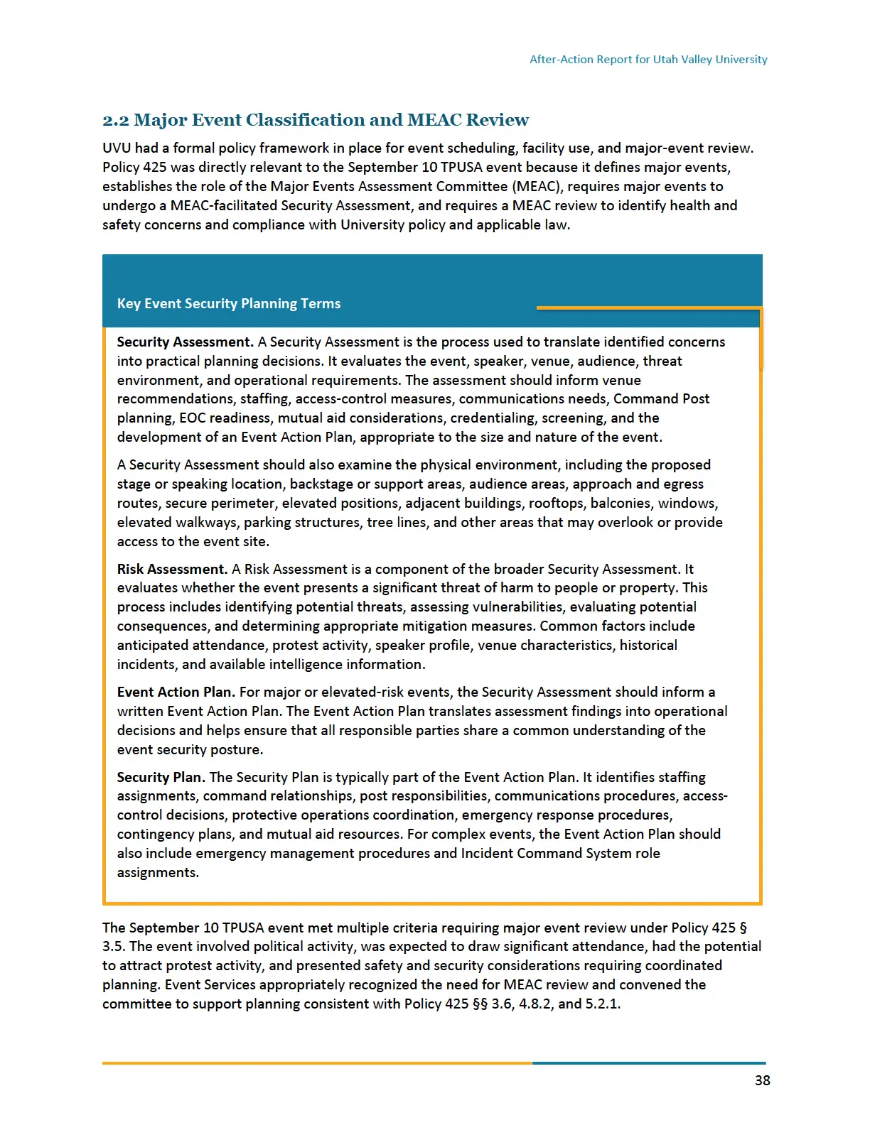 Page 38 of the After-Action Report for Utah Valley University