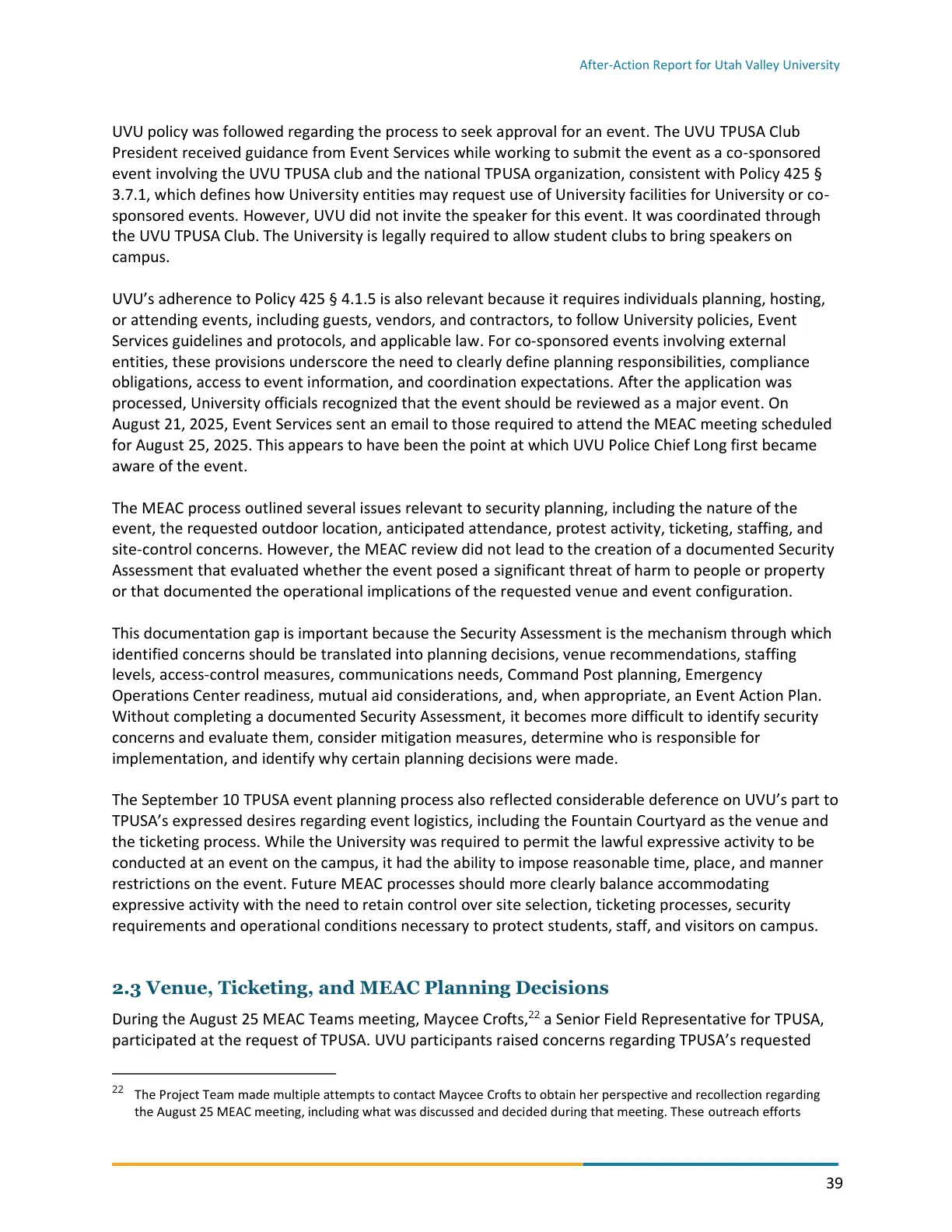 Page 39 of the After-Action Report for Utah Valley University
