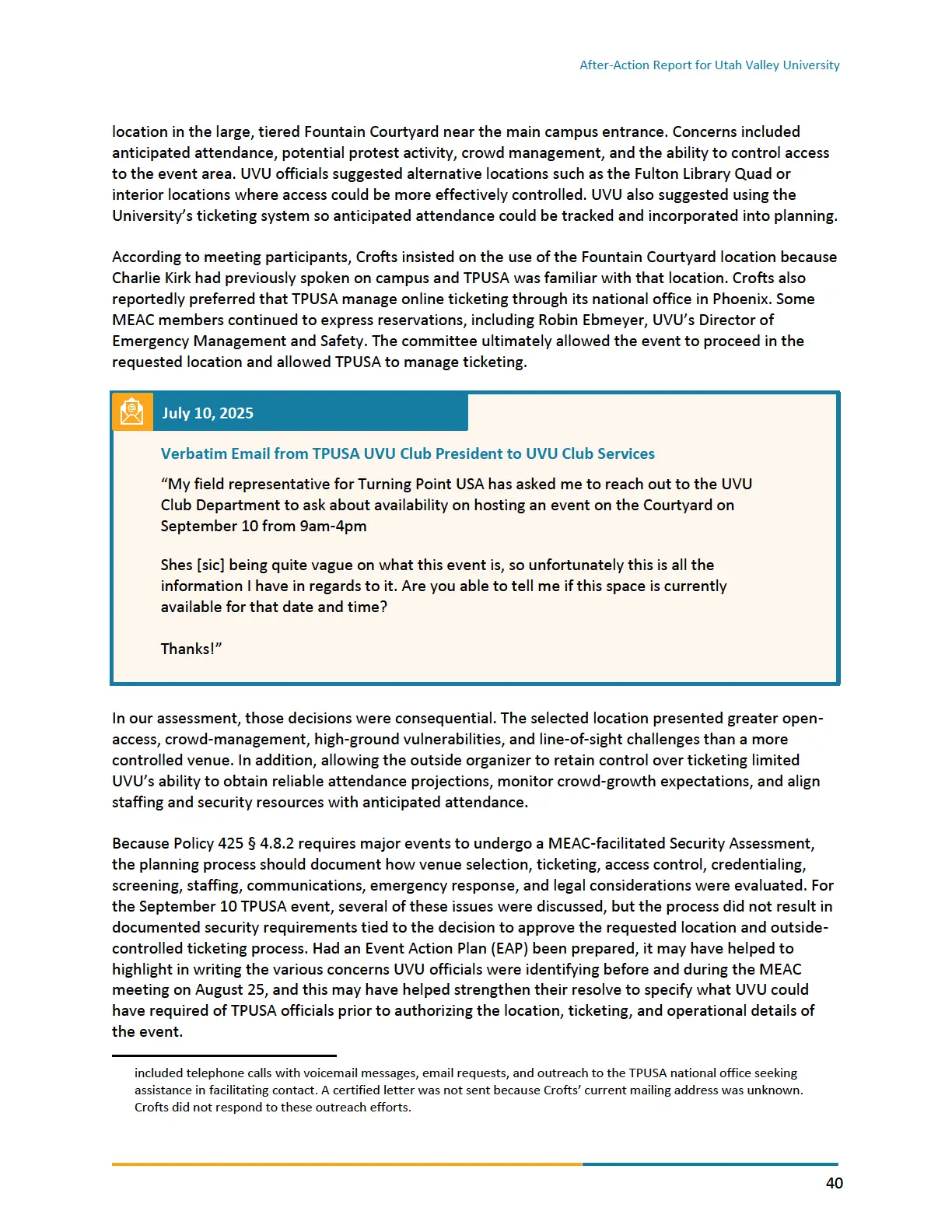 Page 40 of the After-Action Report for Utah Valley University