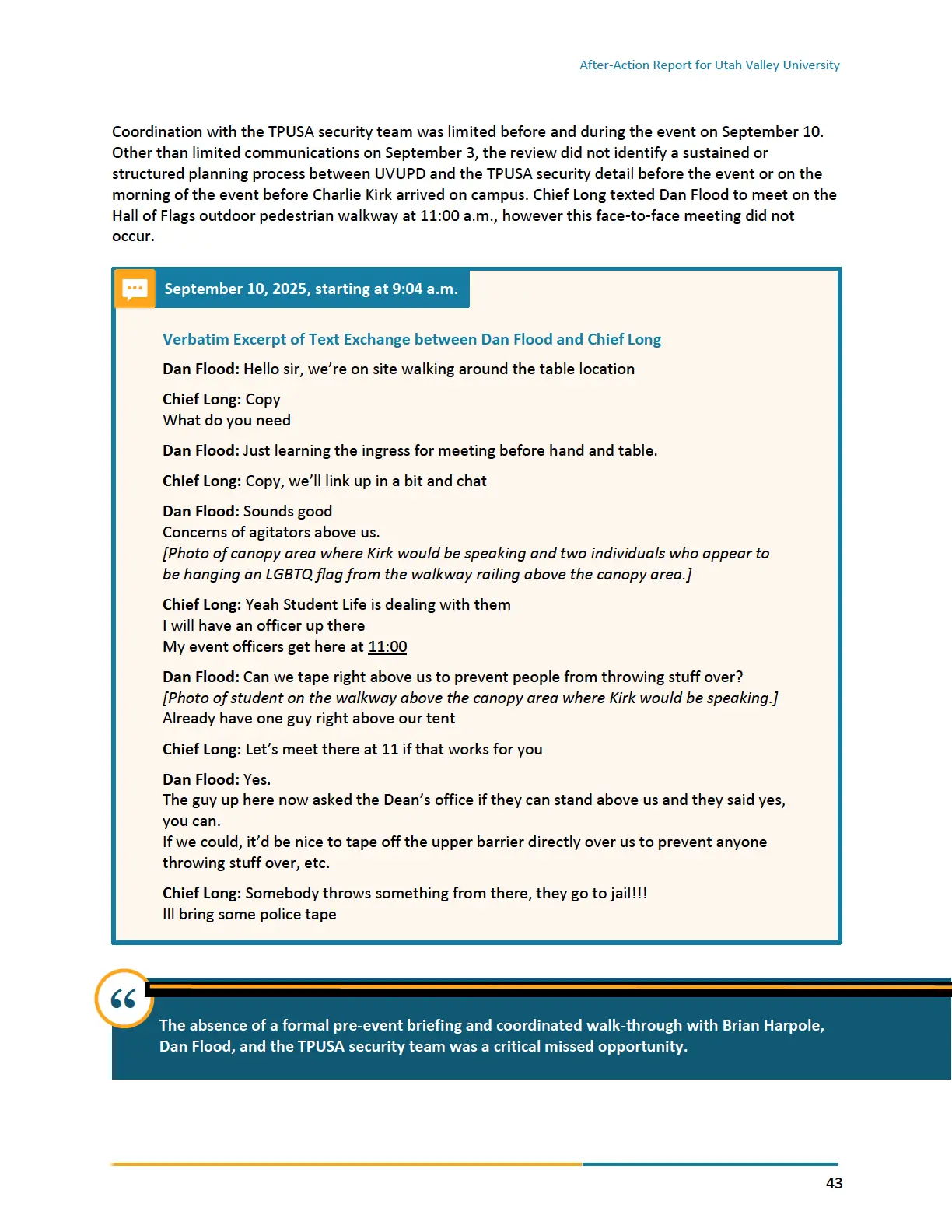 Page 43 of the After-Action Report for Utah Valley University