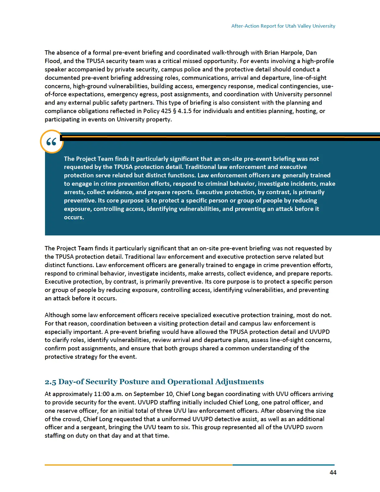 Page 44 of the After-Action Report for Utah Valley University
