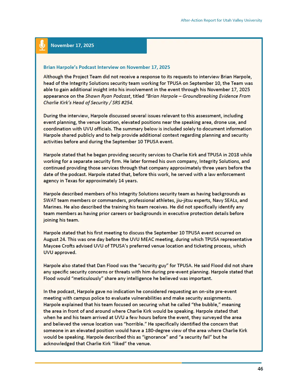 Page 46 of the After-Action Report for Utah Valley University