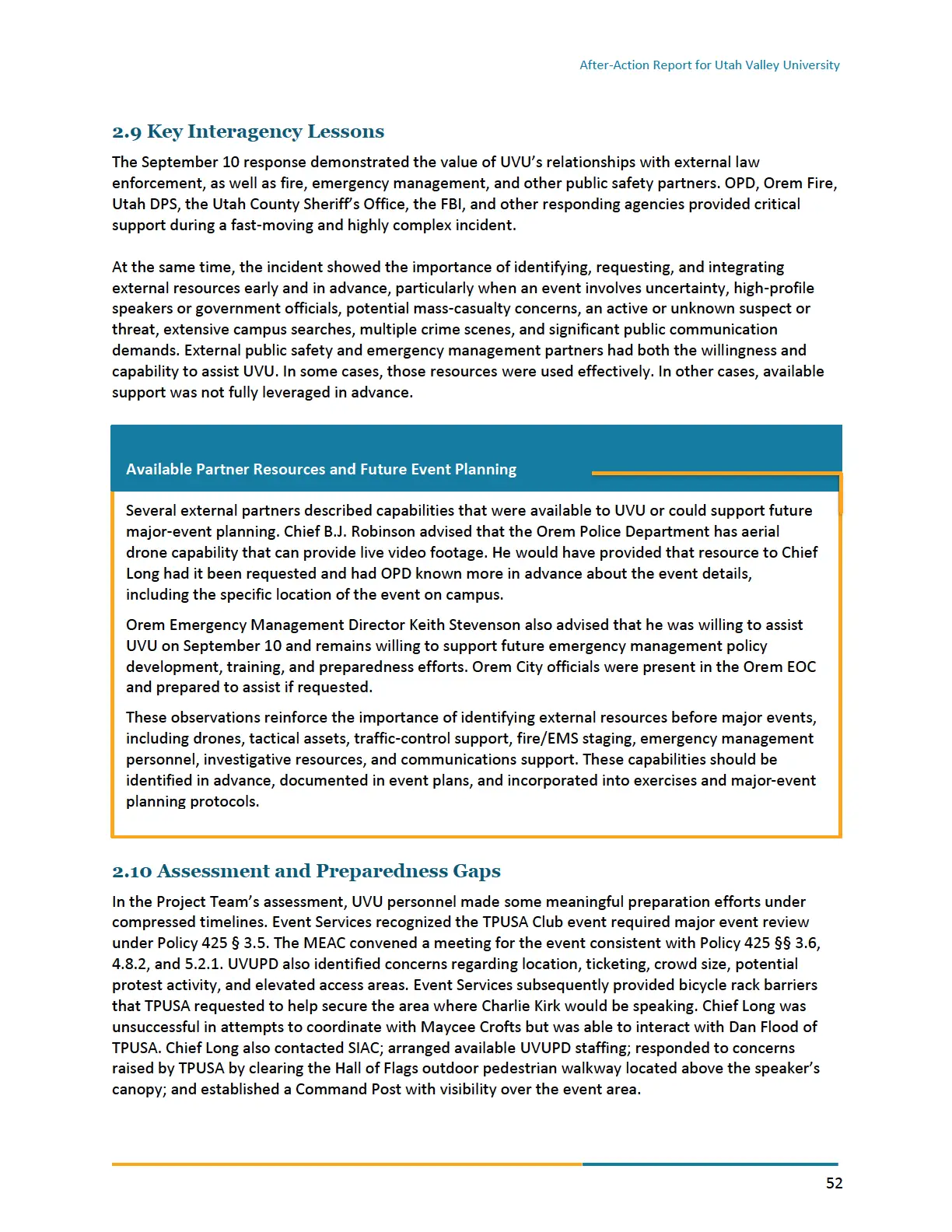 Page 52 of the After-Action Report for Utah Valley University