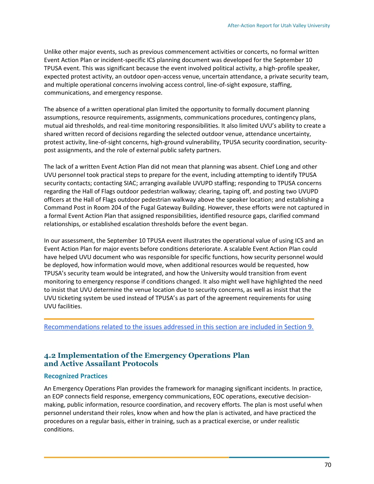 Page 70 of the After-Action Report for Utah Valley University