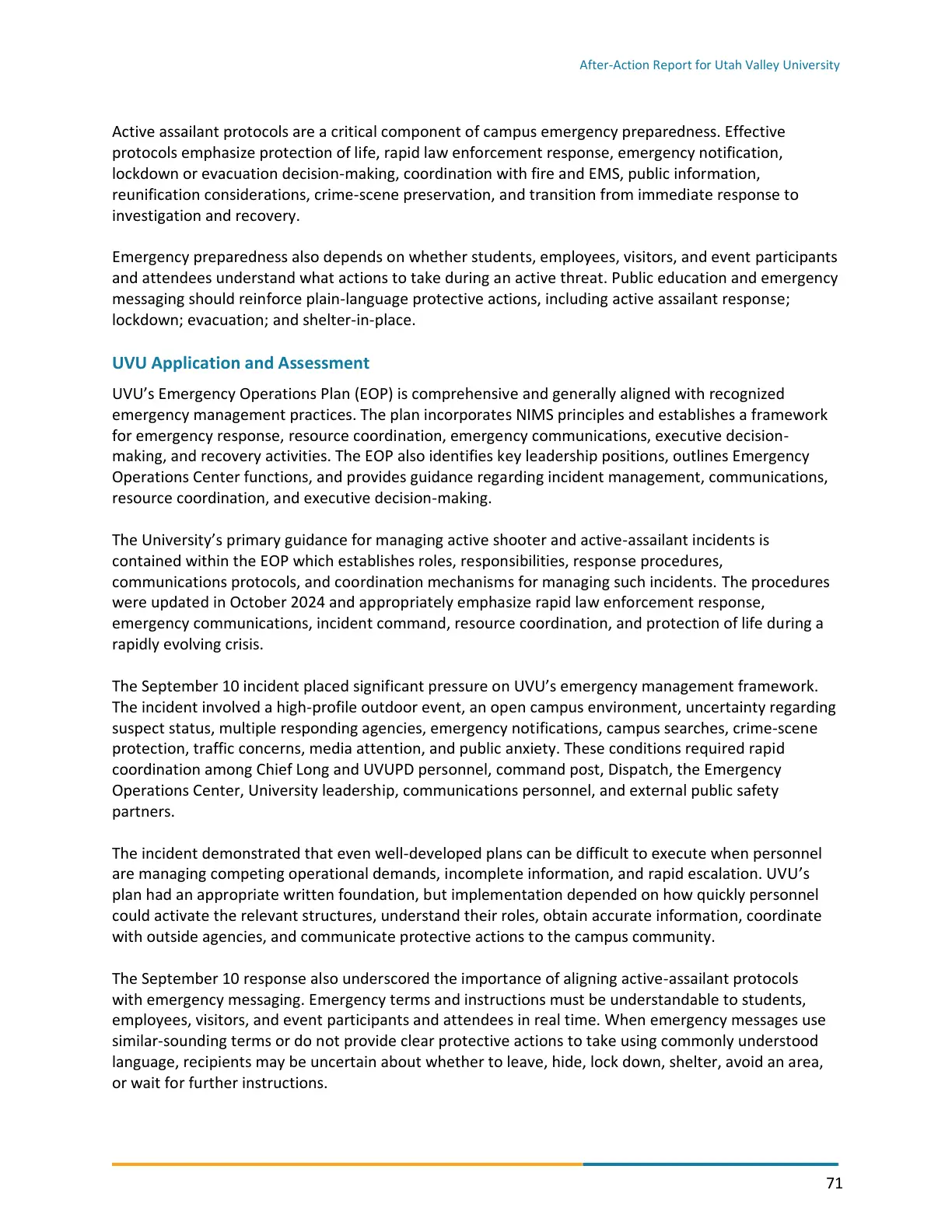 Page 71 of the After-Action Report for Utah Valley University