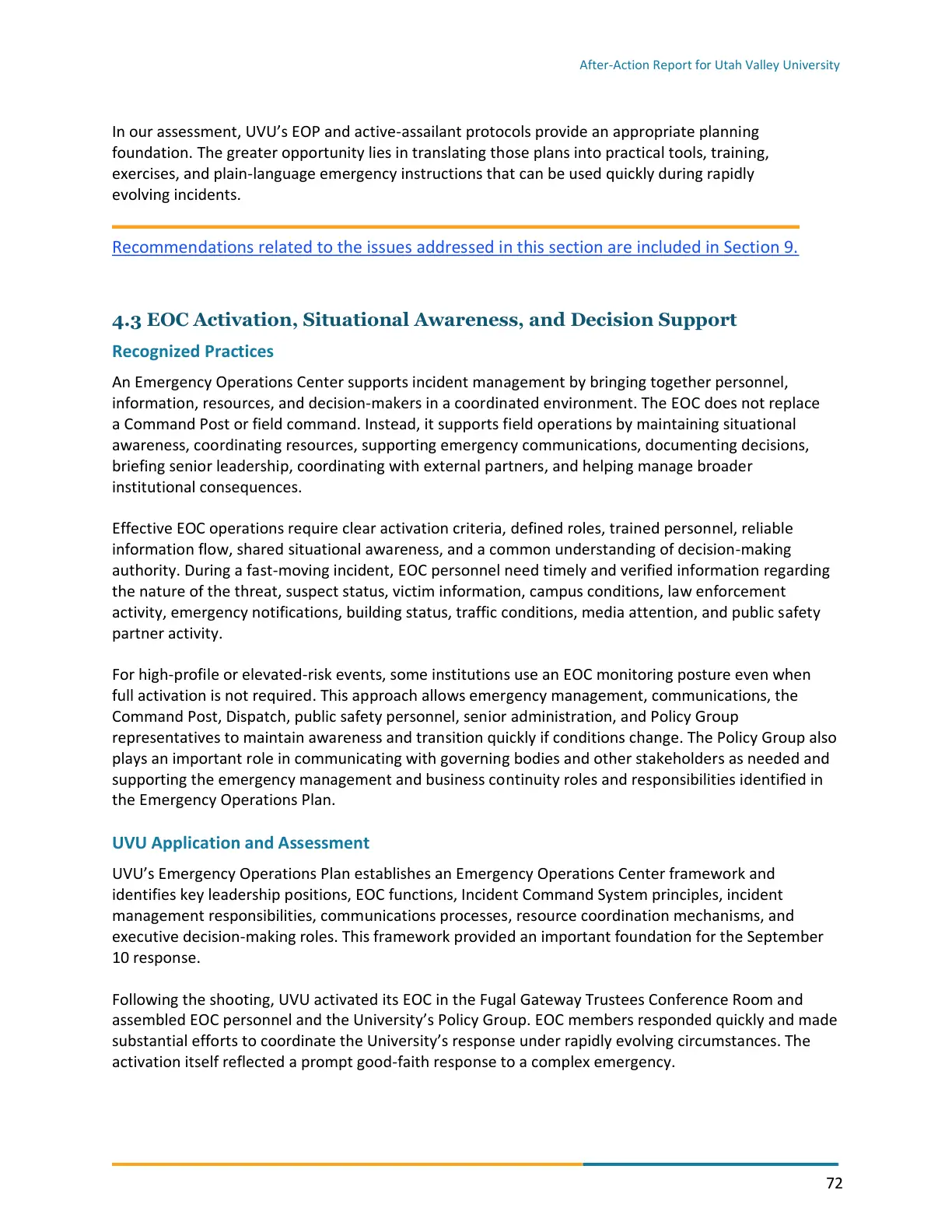 Page 72 of the After-Action Report for Utah Valley University
