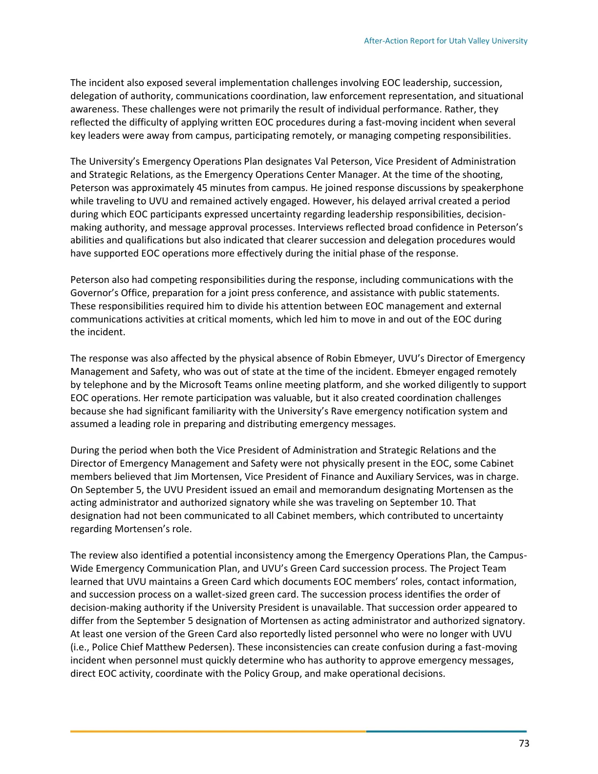 Page 73 of the After-Action Report for Utah Valley University