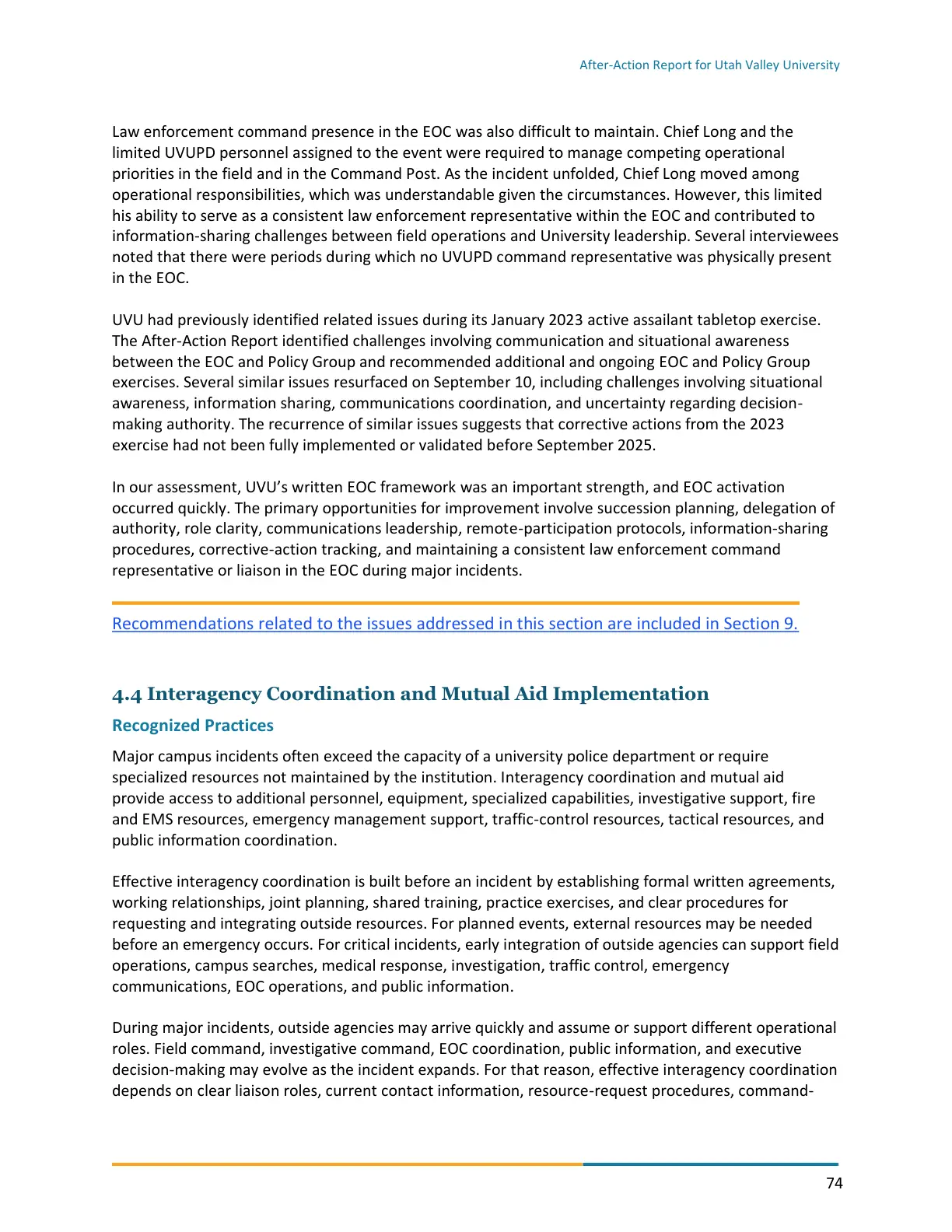 Page 74 of the After-Action Report for Utah Valley University