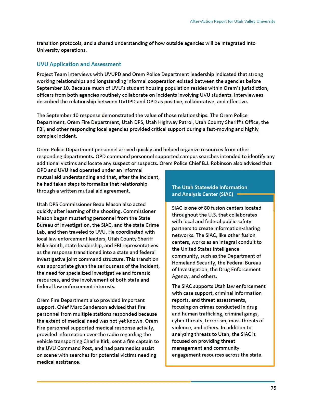 Page 75 of the After-Action Report for Utah Valley University