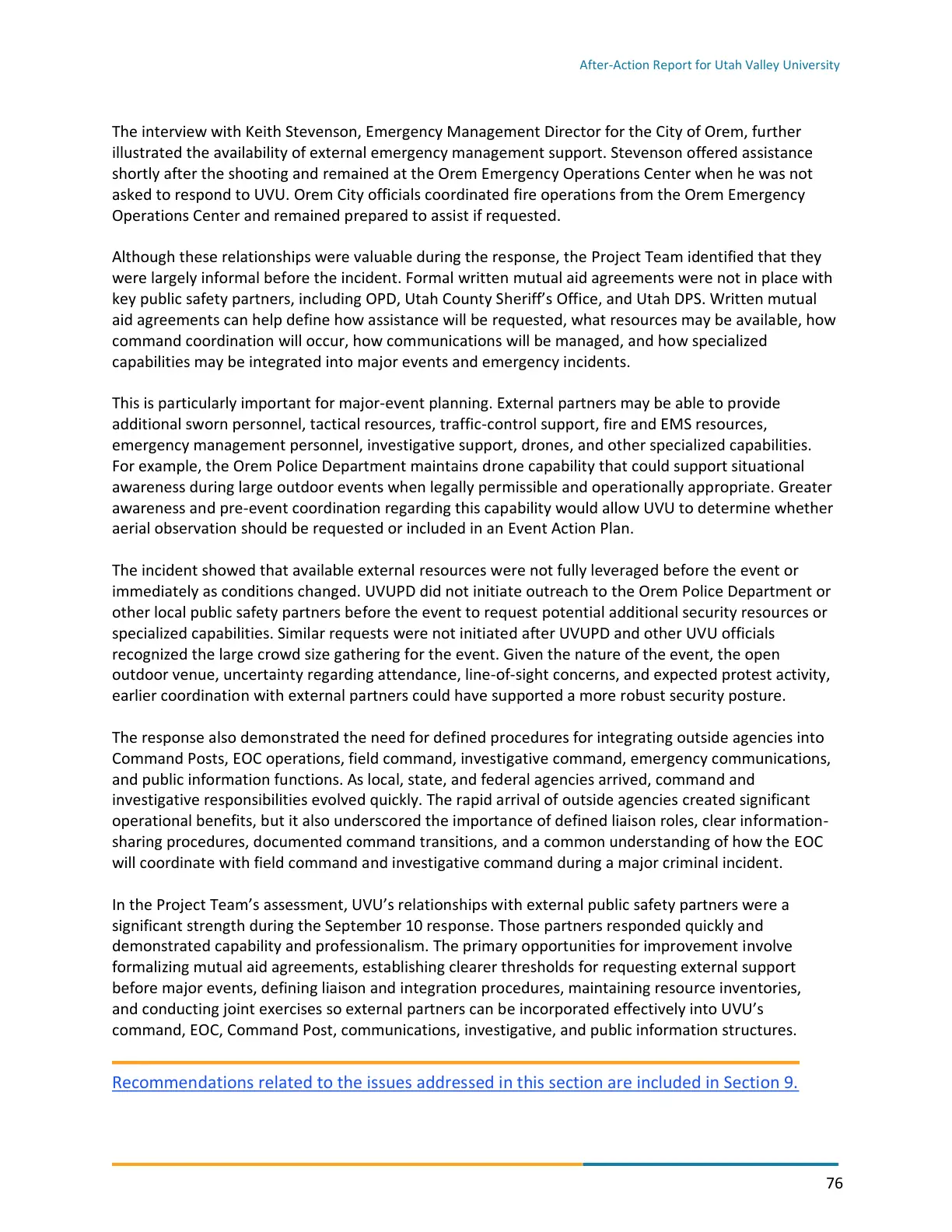 Page 76 of the After-Action Report for Utah Valley University