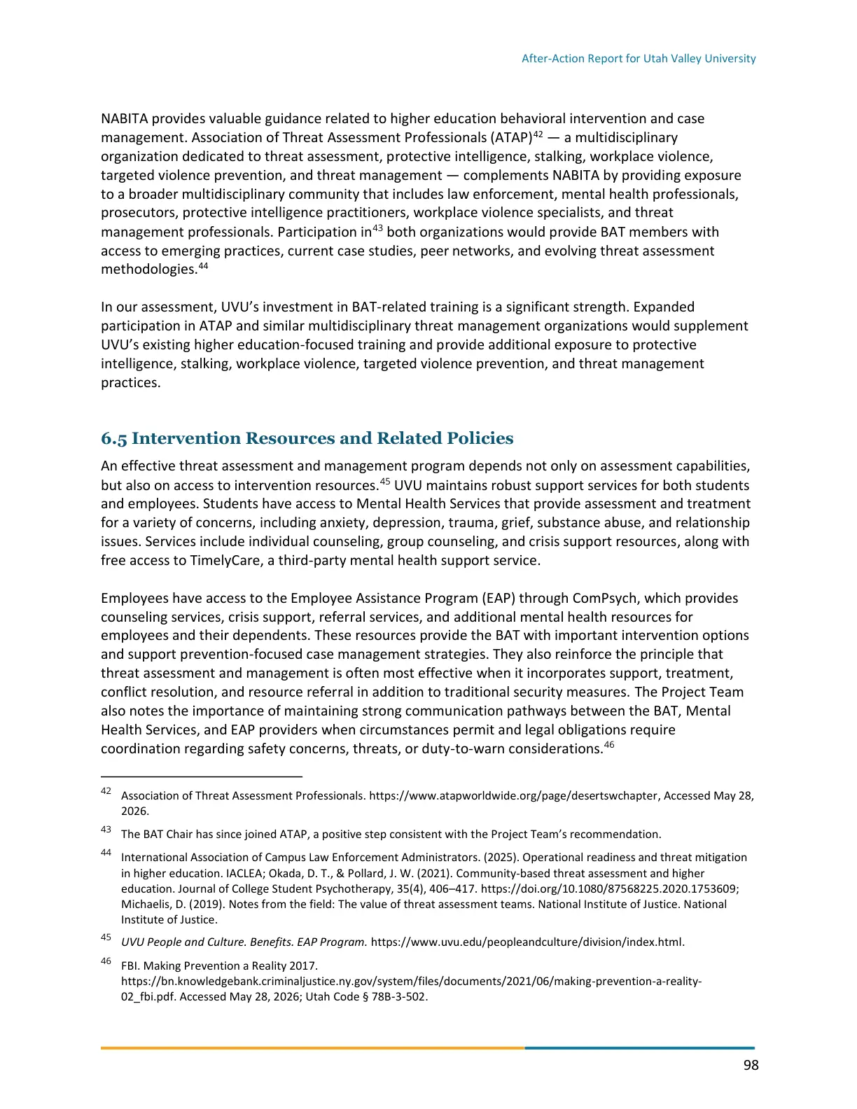 Page 98 of the After-Action Report for Utah Valley University