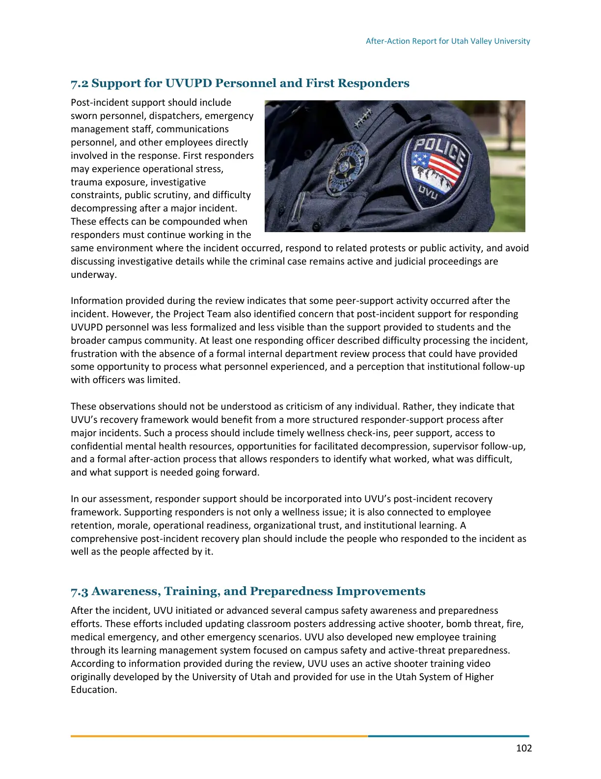 Page 102 of the After-Action Report for Utah Valley University
