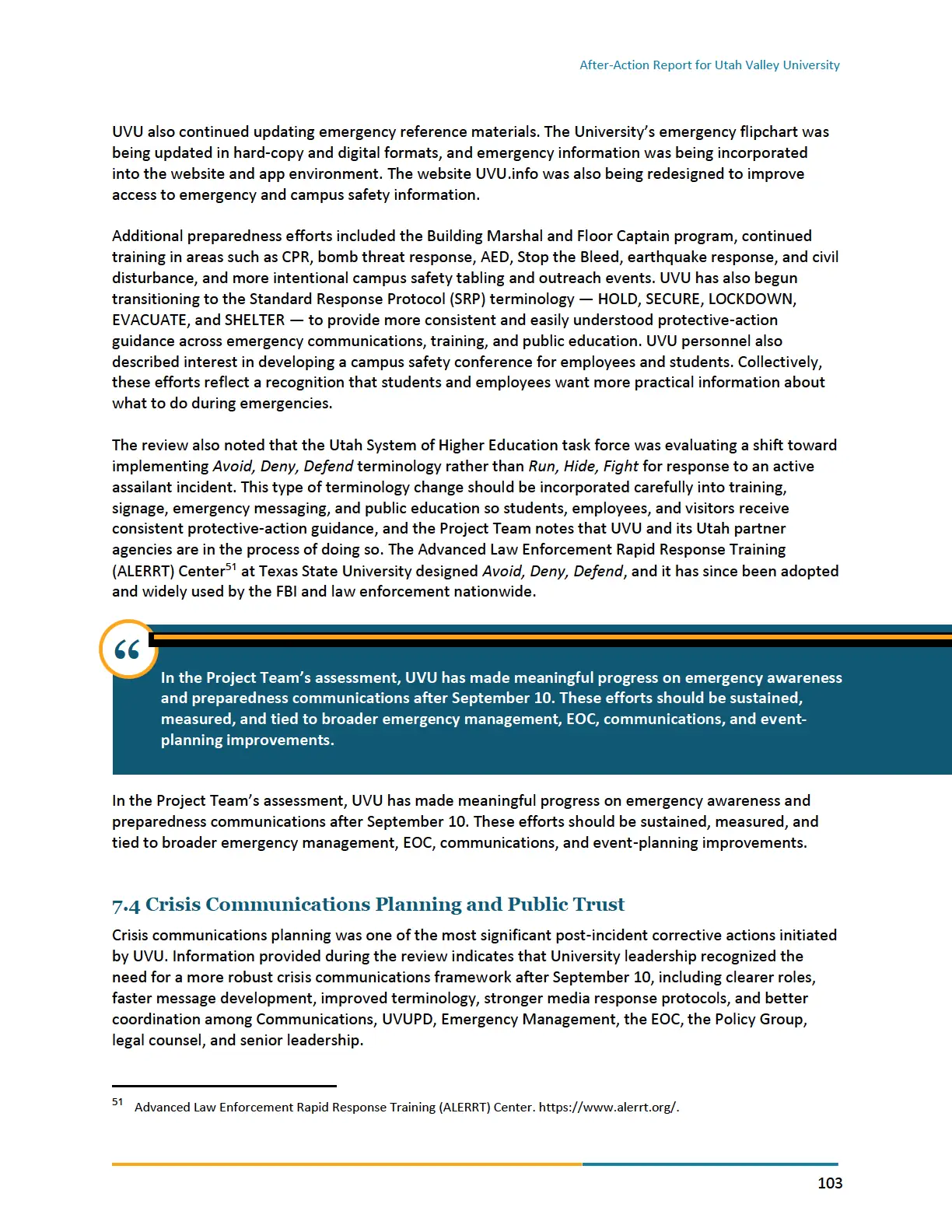 Page 103 of the After-Action Report for Utah Valley University
