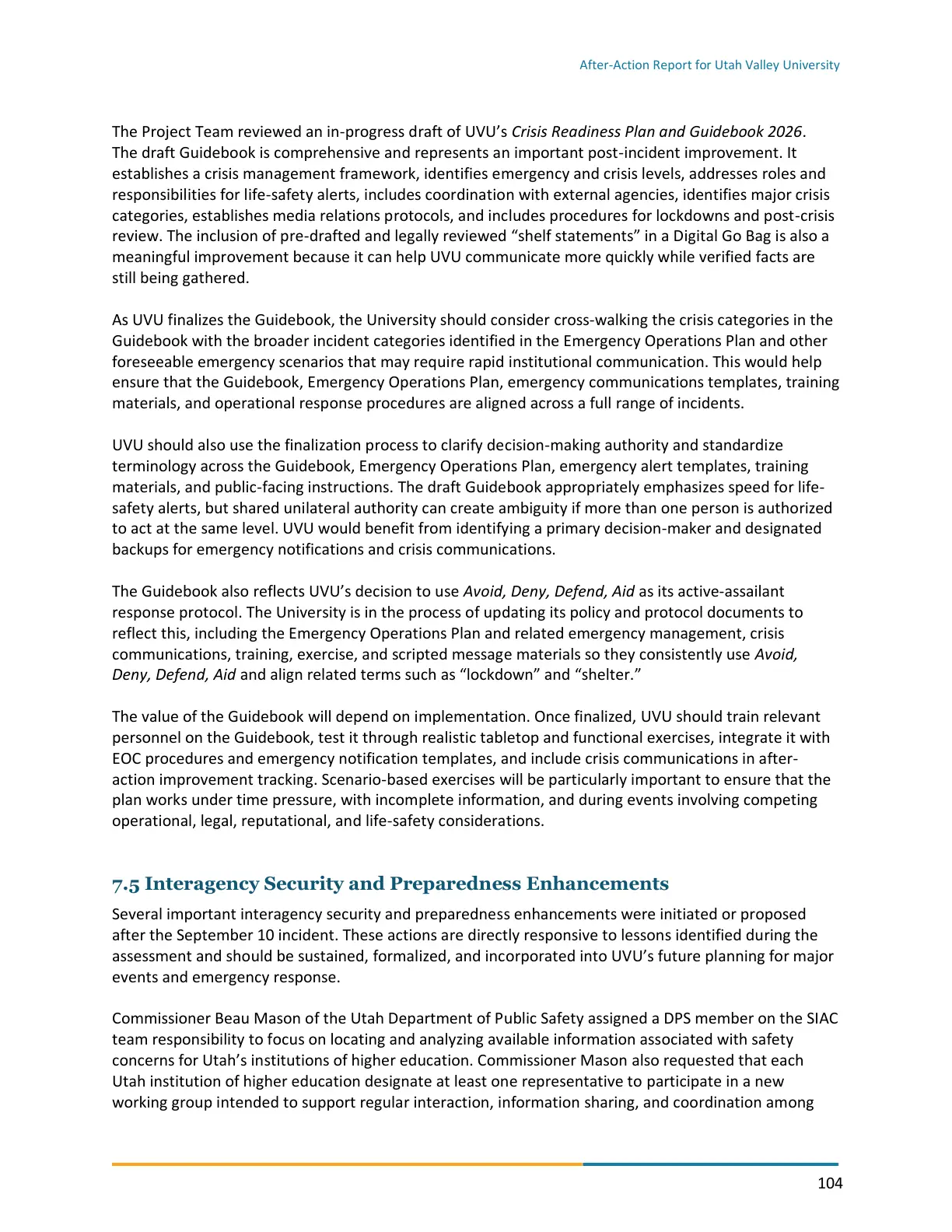 Page 104 of the After-Action Report for Utah Valley University