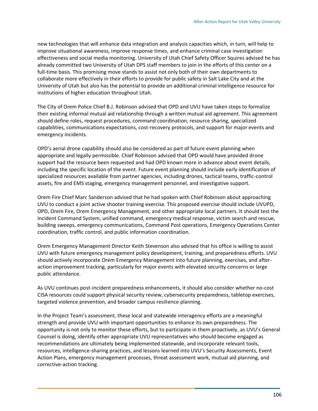 Page 106 of the After-Action Report for Utah Valley University
