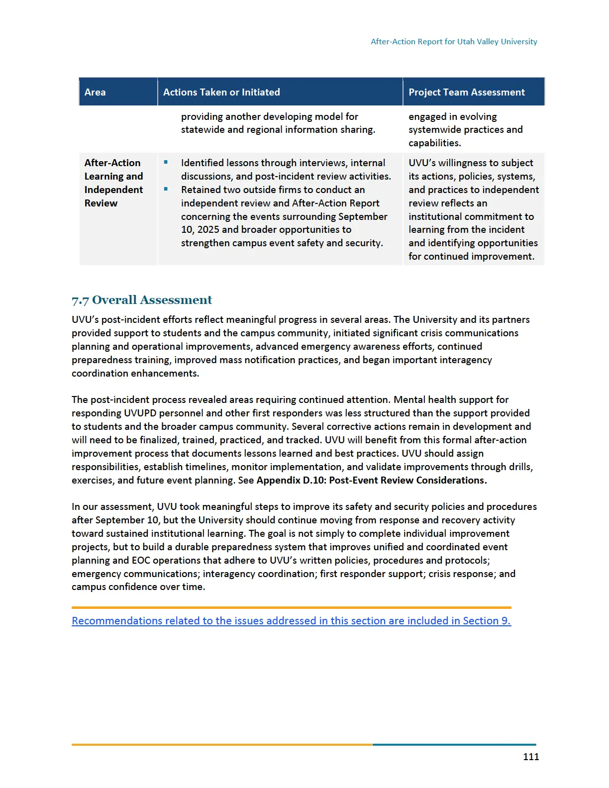 Page 111 of the After-Action Report for Utah Valley University