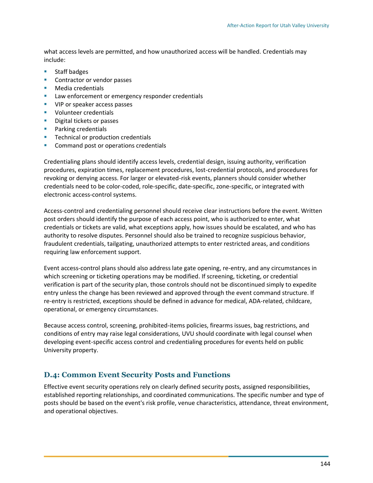 Page 144 of the After-Action Report for Utah Valley University