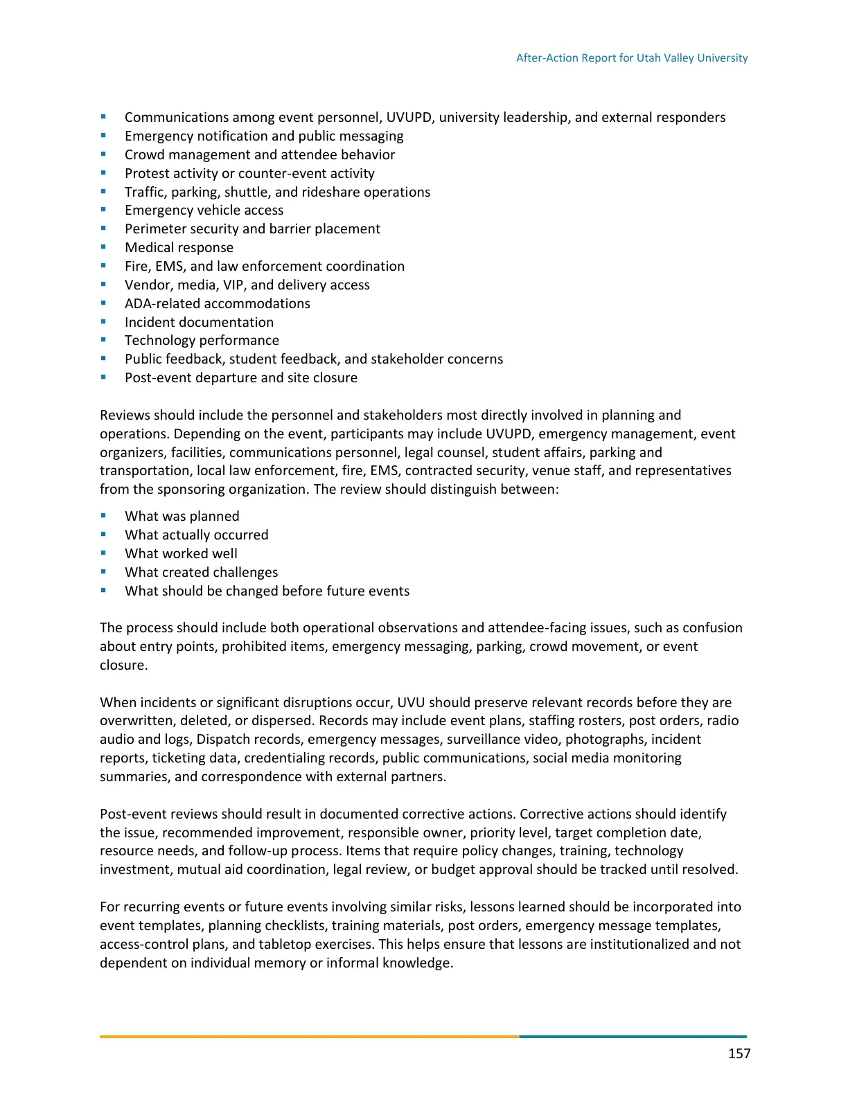 Page 157 of the After-Action Report for Utah Valley University